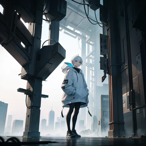 Boy, short hair, wearing cyberpunk hoodie, white hair, standing on top of a tall building where the whole city is visible, {clear},{definite},{intelligible},{unequivocal},{perceptible},{manifest},{limpid} {unmistakable},{noticeable},{unblurred},{itemized},...