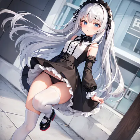 (highest quality),whole body,(one cute girl),wearing black lolita dress,(silver hair,light blue eye,mini skirt,white thigh-high socks,platform footwear),(embarrassed1.3,blush),shopping street,standing,noon,((windy)),((panty shot:1.2)),