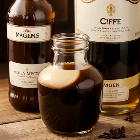 Create an image of a glass bottle of digestive coffee liqueur the bottle will be named after The Magmes