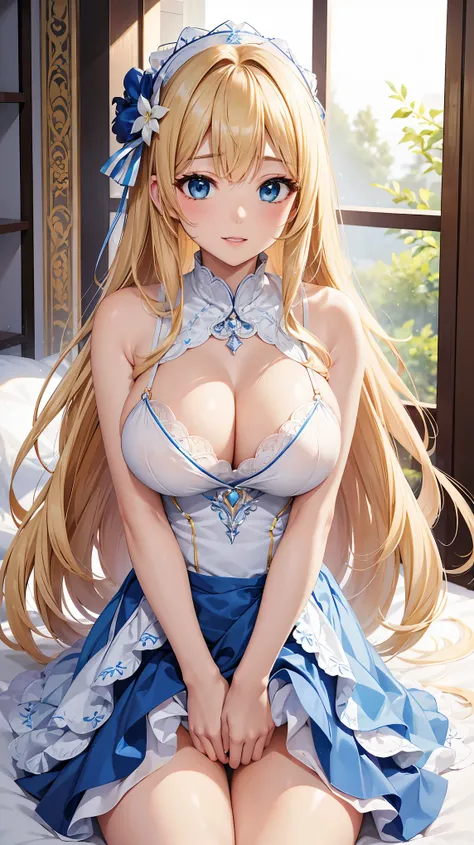 ((highest quality、High resolution))、A beautiful woman、Perfect body、beautiful ample breasts、Long blonde、bangs、Blue and white、embellished sexy dress、skirt、a sexually excited look、((Im inviting you to have sex))