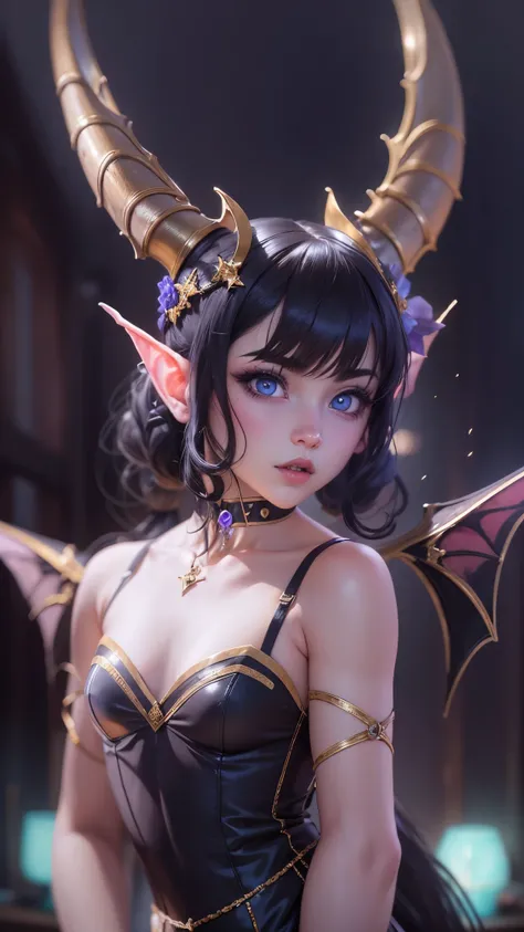 from top. masterpiece. highly detailed, uhd, 4k, render. shiny skin. cinematic lighting. 35 mm, dynamic lighting, facial makeup，adorable，Moe girl，colorful makeup，trinkets, (black hair), (blue eyes)，succubus, Hairstyle with two pigtails, (((standing pose fa...