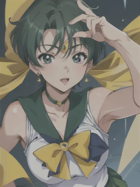 1 girl,tennou haruka,( green_crew_warrior_uniform_yellow_bow tie_green_buck bow_green_skirt: costume of sailor uranus, skirtlift...