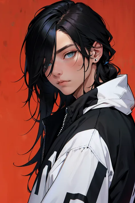 ((1 boy)), (long black hair), amber eyes, hair over eye, streetwear