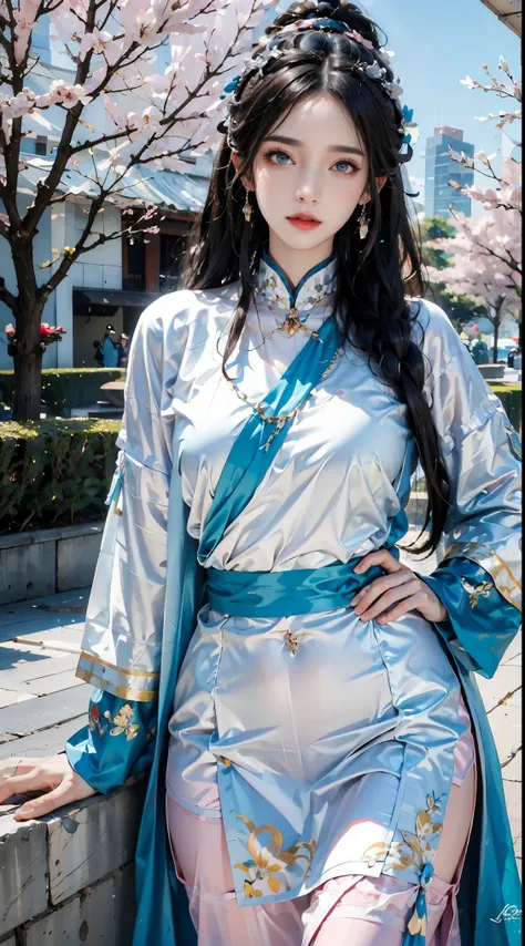 photorealistic, high resolution, 1women, shining skin, solo, jewelry, pink lips, long white hair, blue eyes, closed mouth, hips up, sexy hanfu, cherry blossoms
