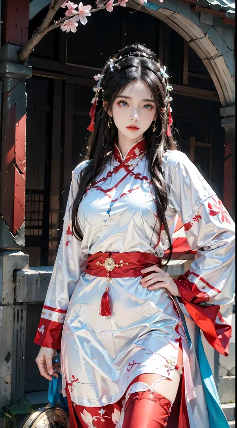 photorealistic, high resolution, 1women, shining skin, solo, jewelry, pink lips, long white hair, blue eyes, closed mouth, hips up, sexy hanfu, cherry blossoms
