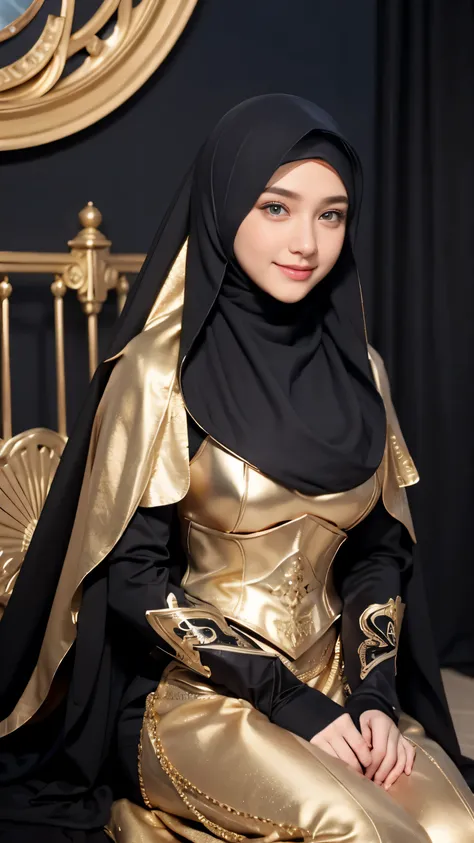 model shoot, (1 girl), long hair, blonde hair, Islamic warrior,silver hijab, golden black outfit, laces, shining:1.5, hyper realistic, super detailed, Dynamic shot, masterpiece, scene sharp détails, perfect eyes, perfect skin, perfect hands, sitting, super...