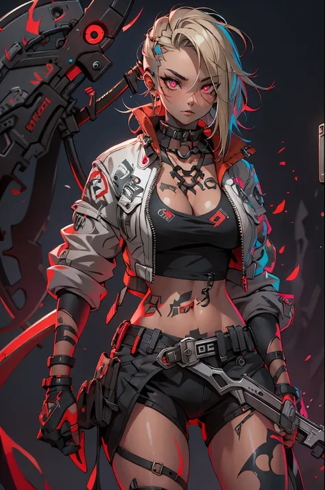 1girl, rebecca (cyberpunk), ((cowboy shot)),(( a huge big scythe, the size of half of the screen:1.3 )),solo, blonde braid hair, glowing red eyes,laugh fearlessly, leg tattoo, neck tattoo,  large chest, black bra, thong, red pupils, skin fang, red eyes, bl...