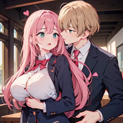 masterpiece (((One man))) One girl (((men and women))) Pink hair Long hair Green eyes Huge breasts (Big nipples) NSFW  (orgasm) (Heart Eyes) ((A man fondles a woman&#39;s breasts from behind)) ((Grabbing breasts)) Uniform Blazer  ((Deep Kiss))