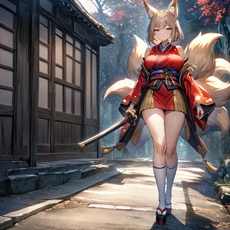 Mulher de quimono vermelho com detalhes dourados, saia curta, seios grandes, cabelo bege, cabelo curto na altura dos ombros, olhos vermelhos, orelhas kitsune, Cauda Kitsune, multicaudas, meias longas, golden accessories on traditional japanese head, Sapato...