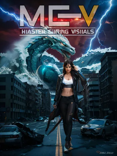 Spectacular scene with live action of wind and large waves crashing with excessive force forming a transparent dragon head and the effect of blue lightning bolts hitting tall buildings on urban roads, the red sky looks dark, thin smoke, several cars overtu...