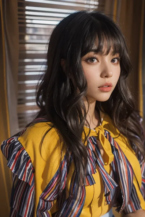 Araped woman wearing multi-colored blouse with long black hair, mustard colored skirt, curtain bangs, No makeup, wavy hair, Madison Beer, without makeup, 중앙에서 분리된 curtain bangs, Profile picture, Use Instagram Filters, Subtle soft and dim light, Pose sittin...