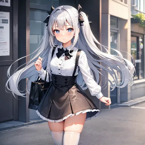 (highest quality),whole body,(one cute girl),wearing black lolita dress,(silver hair,light blue eye,mini skirt,white thigh-high socks,platform footwear),(embarrassed1.3,blush),shopping street,walking,noon,((windy)),holding a school bag