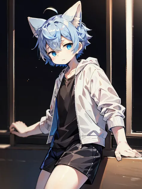 Fluffy fur,Shaggy fox,White and blue fur, Young man, blue eyes, Disheveled Hair, Gray Hair, short hair, masterpiece,Casual clothing,Furry,kemono,Femboy