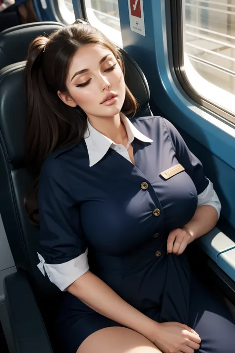 1 Beautiful woman, resembling model Lucy Pinder, large eyelashes, full glossy lips, drooling, sleeping with her mouth open, snoring, sleeping sitting on the train, head resting on the seat, dressed as a stewardess, eyeliner, eyes closed , hair with bun