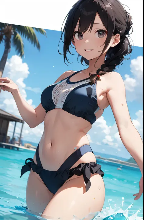 High resolution、
One beautiful young woman、
(Masterpiece 1.5),super high quality, Super detailed,Perfect drawing,NFSW、Beautiful woman、Beautiful shiny skin、A kind smile、Beautiful black hair、Braid、(((beautiful swimwear)))、(((luxury swimwear)))、。.。.。.3D、16k i...