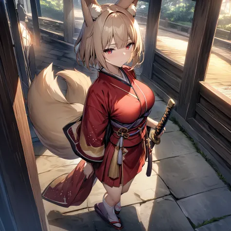 Woman in red kimono with golden details, short skirt, large breasts, beige hair, shoulder-length short hair, red eyes, kitsune ears, kitsune tail, multi-tails, long socks, golden accessories on traditional Japanese head, Japanese womens shoes , holding a k...