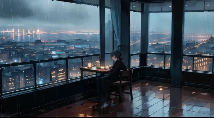 Unattended, night, rain, Large windows overlooking beautiful cityscape, (Looking at the scenery), cafe