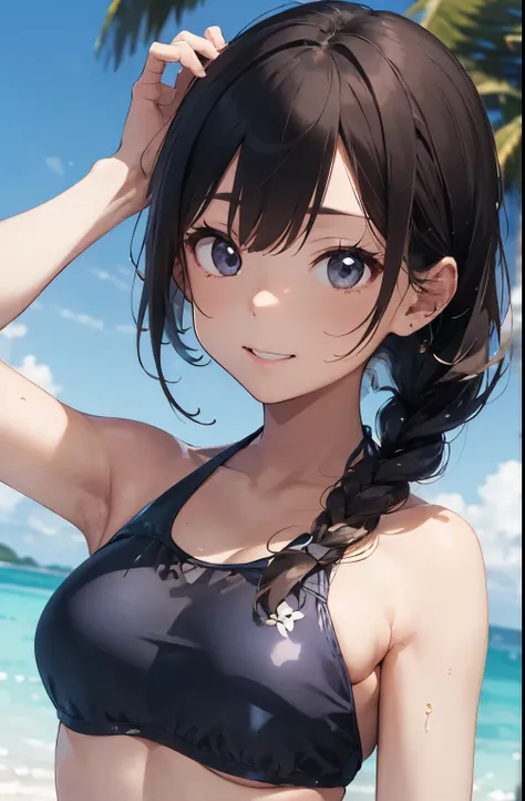 High resolution、
One beautiful young woman、
(Masterpiece 1.5),super high quality, Super detailed,Perfect drawing,NFSW、Beautiful woman、Beautiful shiny skin、A kind smile、Beautiful black hair、Braid、(((beautiful swimwear)))、(((luxury swimwear)))、。.。.。.3D、16k i...