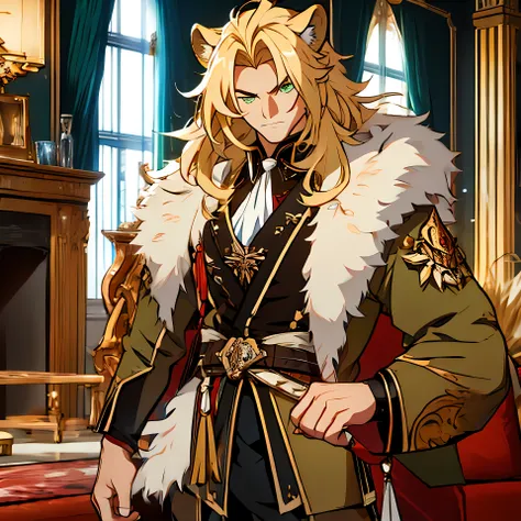 ((One male)), lion ears, very long hair, blond, blond hair, green eyes, tall, (muscular), ((fur lined coat)), beautiful face, ((highest quality)), ((masterpiece)), (2d), ((anime)), (perfect face), ((highest detail)), stubble, lion tail, wavy hair, ((far sh...