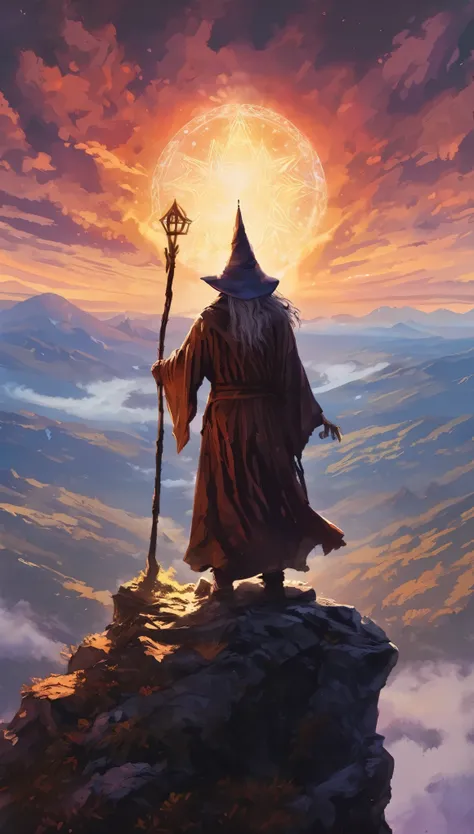 Awesome artwork of a wizard on the top of a mountain, magic text, at dawn, sunrise. 