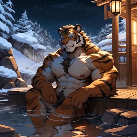 tiger, in partial shade, nude.lie in hot spring 4k, high resolution, best quality, perfect color, Perfect shadow, Perfect lighting, Posted by：e621, hairy body, tiger, Brown fur, Coffee-colored skin, only, male, aldult, Naked chest, male, (muscular, enthusi...