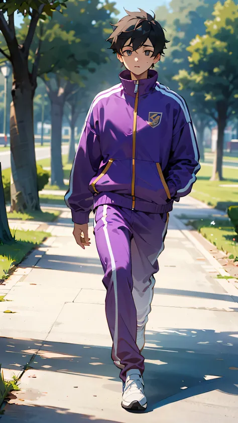 A boy in purple tracksuit while walkin in the calm park
