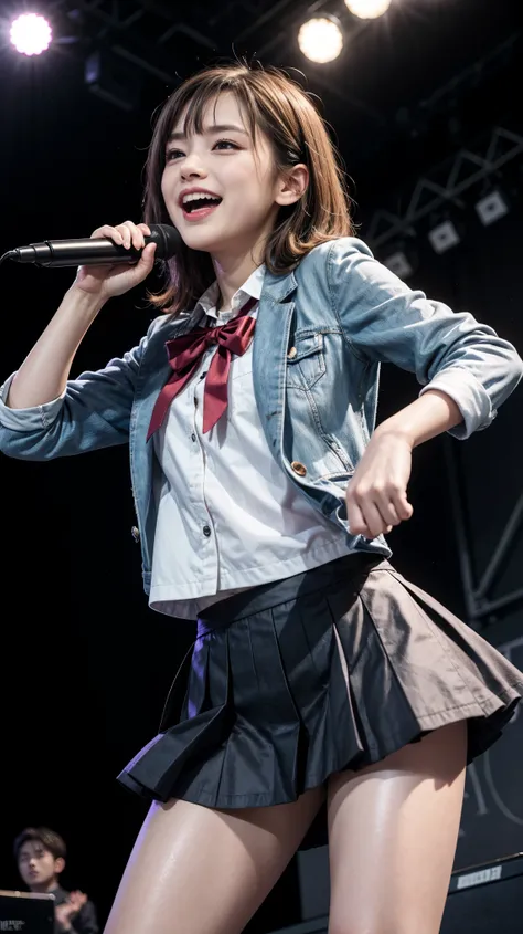 quality,masterpiece,Ultra-high resolution,(Actual:1.4),Original photo,Ultra-high resolution，8K，Wearing Nogizaka46 stage costumes，Fancy makeup with red eyeshadow，Big laughing smile，Short cut with delicate brown hair，A live costume of a high school girl&#39;...