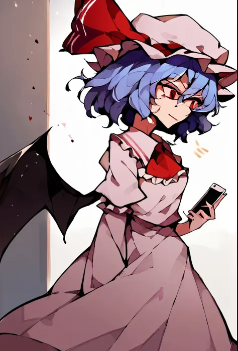 source_anime, (2d), score_9, score_8_up, score_7_up, score_6_up, score_5_up, score_4_up, solo, 1girl, standing, holding phone, looking at phone, :o, remilia_scarlet_touhou, red_eyes, short_hair, bat_wings, wings, ribbon, hat, blue_hair, mob_cap, hair_betwe...