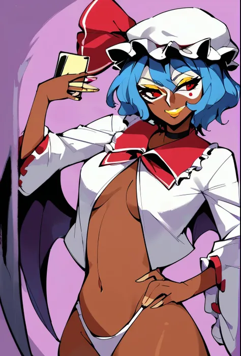 ource_anime, (2d), score_9, score_8_up, score_7_up, score_6_up, score_5_up, score_4_up, solo, 1girl, standing, holding phone, looking at phone, hand on hip, ganguro, dark skin, makeup, yellow lips, yellow eyeshadow, jewelry, choker, facial mark, jewelry, s...