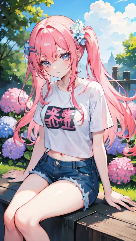 Coral pink hair，Long hair，hair over one eye，Gray eyes，feather hair ornament，cute，Girl，laughing expression，Short sleeves with open shoulders，Denim shorts，Navel，Wearing sneakers，Sitting on the ground，whole body，Dont show your arms，Background is hydrangea，Lot...