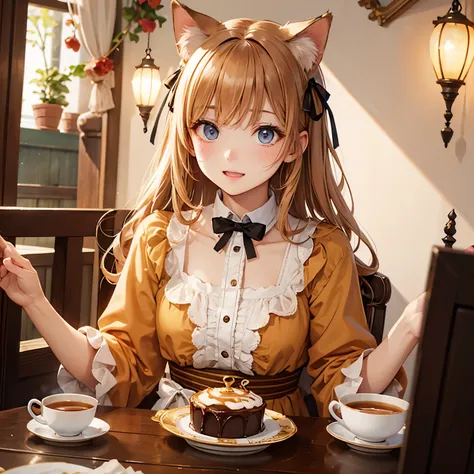 A cat wearing a bright caramel-colored ribbon、Light caramel hair、Light caramel colored eyes、Light caramel colored clothing、Brown sweets、tea time、happiness