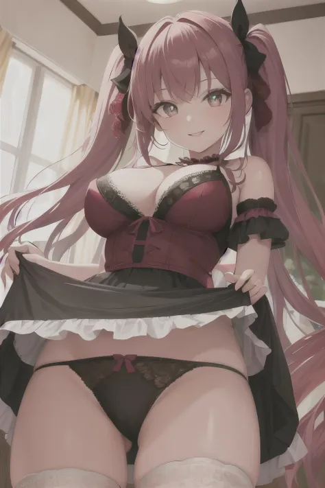 highest quality, Super detailed, Beautiful Face, from_Under, cowboy_shot, One girl, １人in, １Dildo, underwear, under panties, Under clothes, in, standing,Cherry colored detailed lace lingerie、Glossy twin tails､Dynamic Pose､Uplifting､Glittering illumination