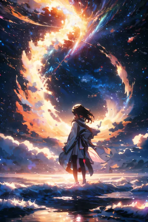 (best quality,4k,8k,highres,masterpiece:1.2),ultra-detailed,(realistic,photorealistic,photo-realistic:1.37),huge,magical,star-filled sky (funneling:0.9) stars,sparkling stars,anime style,girl in the background,cosmic nebula,constellations,captivating celes...