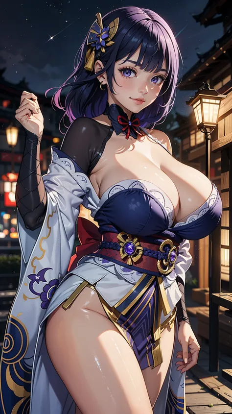 Masterpiece, high quality, blurry background, hd, 4k, night,raidenshogundef, (gigantic breasts), outdoors, standing, blush, looking at viewer, smile, upper body, (dynamic poses, dynamic angle