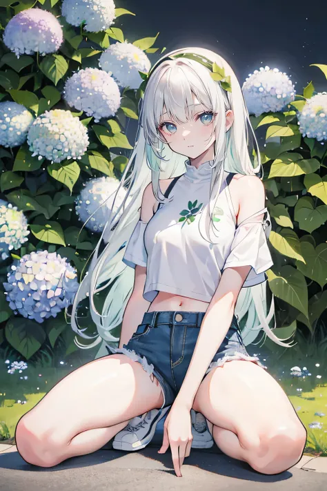 White hair，Long hair，Bangs，Bangs neatly，green hair band，Gray eyes，girl，cute，laughing expression，Short sleeves with exposed shoulders，Denim shorts，Navel，Wearing sneakers，Sitting on the ground，whole body，Dont show your arms，Background is hydrangea，Lots of hy...