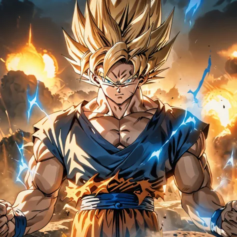 Goku with his classic costume, transformed into a super saiyan, with his two hands breathing blue energy
 in a giant demon, muscular, serious face, with golden aura, explosion,HDR, ultra resolution, well defined, masterpiece, 8K HD.