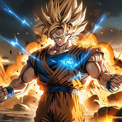 Goku with his classic costume, transformed into a super saiyan, with his two hands breathing blue energy
 in a giant demon, muscular, serious face, with golden aura, explosion,HDR, ultra resolution, well defined, masterpiece, 8K HD.