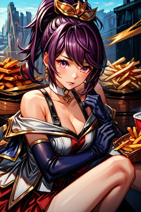 (masterpiece, best quality), intricate details, 1girl, quinn (league of legends), 1girl, hair ornament, elbow gloves, dress, ponytail, purple hair, bare shoulders, choker, skirt, apuspill, laying down, french fries, spilled food, crying,
