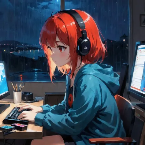 anime girl with red hair wearing headphones sitting at a desk with a computer, anime style 4 k, 4k anime wallpaper, anime wallpaper 4 k, anime wallpaper 4k, anime art wallpaper 4k, anime art wallpaper 4 k, anime art wallpaper 8 k, nightcore, anime girl des...