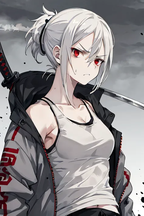 woman, white hair, pony tail, tank top, short jacket, dirt on face, angry face, red eyes,( holding katana), looking down at you, outdoors background, grey and cloudy, smoke in background, katana, dirty clothes