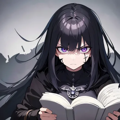 a woman, damage mage clothing, her face marked by a mysterious virus, heterochromatic eyes, infected face, angry face, long black hair, (a white book flying in her side) simple background, dark souls style, a black scar in her right eye, full body