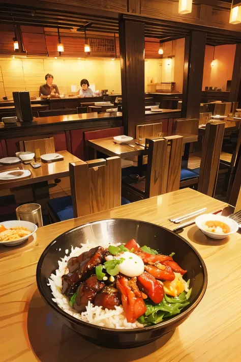 A Korean restaurant, bustling with activity, where the tantalizing aroma of bulgogi and bibimbap wafts through the air. The servers move swiftly from table to table, their traditional hanbok outfits a vibrant contrast against the warm, wooden decor. Delica...