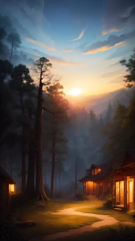 wide view, a scenery from another dimension, mystical, evening time, dim light, futuristic, thick lines, cozy tones, unique trees, mystical world, dramatic sky, magical, shade, shadow, ghibli style, outdoors, cozy atmosphere, micro landscape, intrinsic det...