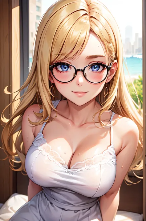 (High quality, High resolution, Fine details), wearing round glasses, fashionable outfit, modern style, solo, curvy women, blond hair, sparkling eyes, (Detailed eyes:1.2), natural makeup, smile, blush, Sweat, Oily skin, (View from above), Soft tones, soft ...