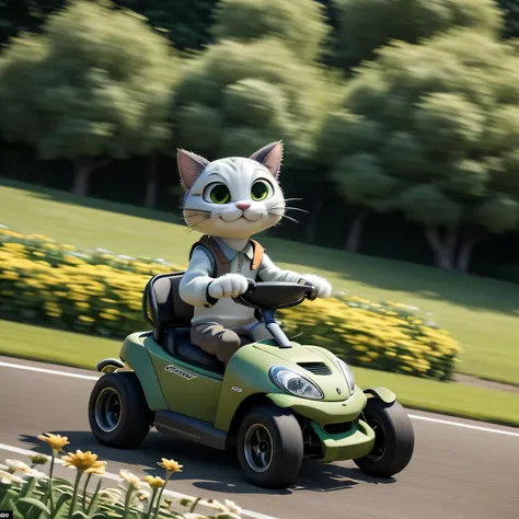 motion blur, grass and flowers on the side road are blurred by motion blur, pixar style, anthropomorphic, cat running around the...