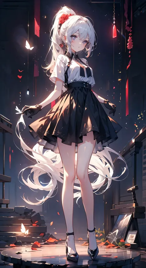 A girl, Rich colors, Long white hair, Red眼睛 ，Eyeliner, black transparent clothes, Red, open air, Rose, night, ruins, Butterfly，mine same as the original, mine, , (:1.2) rest, (Black long skirt), (View from below), (Put your arms behind your back), (wild li...