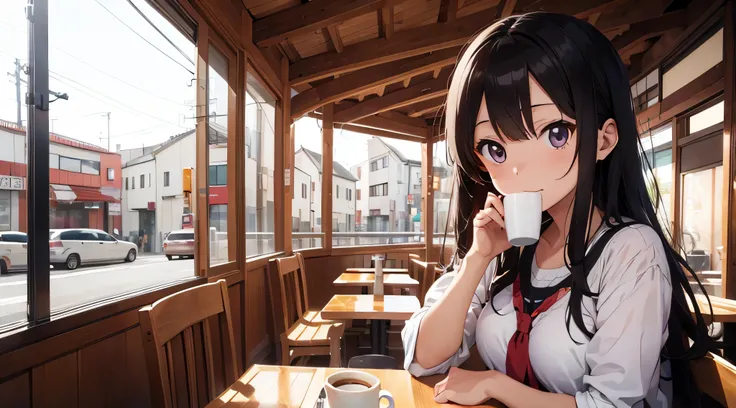 Beautiful girl drinking coffee in a cafe　Japanese anime style