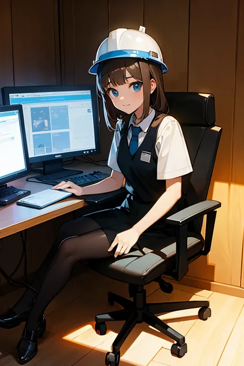 (best quality, masterpiece), hard hat, work vest, A 13-year-old girl wearing work clothes sitting in front of a PC and working.