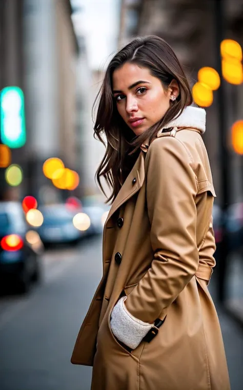 bella morena, Woman in brown coat standing on city sidewalk with lights, sophisticated young woman wearing a brown leather coat, The woman is in a trench coat, mujer atractiva, foto de una mujer, Mujer en traje de negocios, well-lit profesional photo, vist...