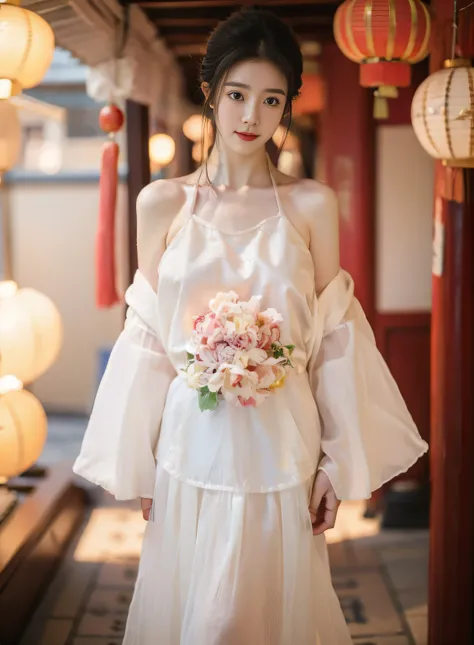 1 girl,(best quality, masterpiece:1.2), Super detailed,Solo selfie,off shoulder dress,Chinese Princess, (Pink belly pocket:1.4) ( Hanfu ),Vision,Background Bokeh